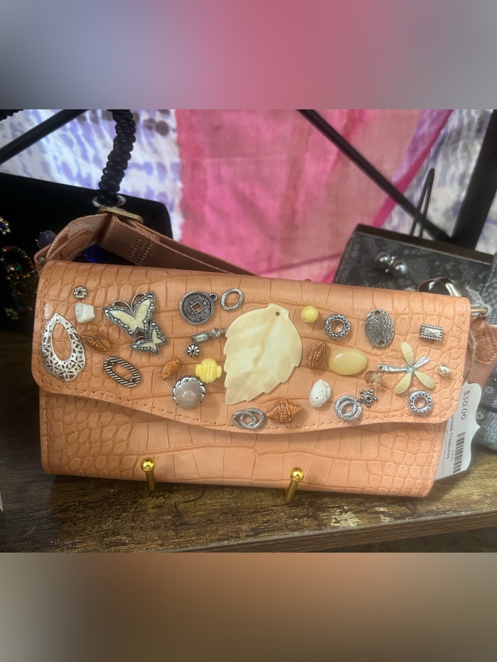 Embellished Peach Croc-Texture Women's Clutch